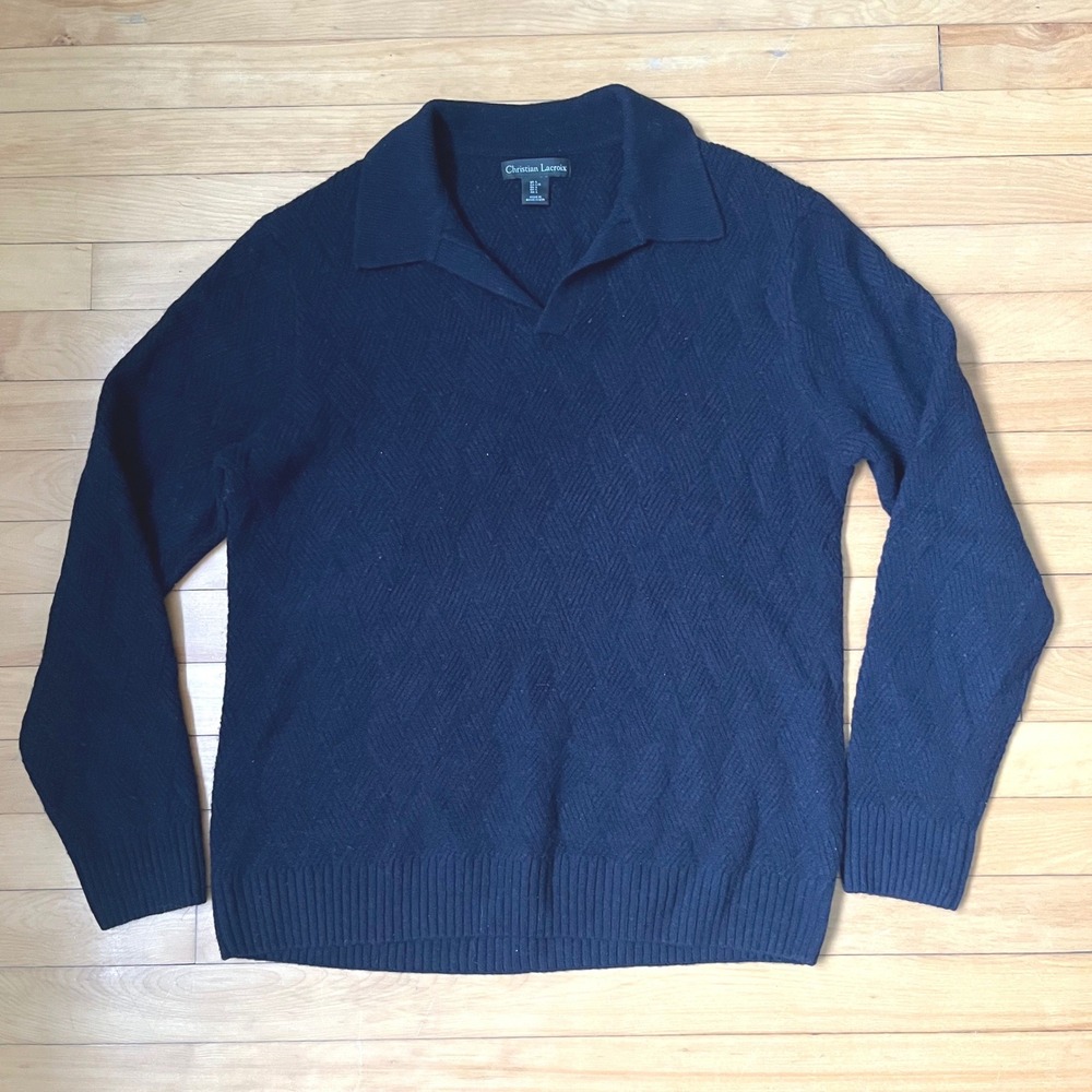 Christian Lacroix Mens Navy Blue Textured Diamond Knit Polo V-Neck Sweater L